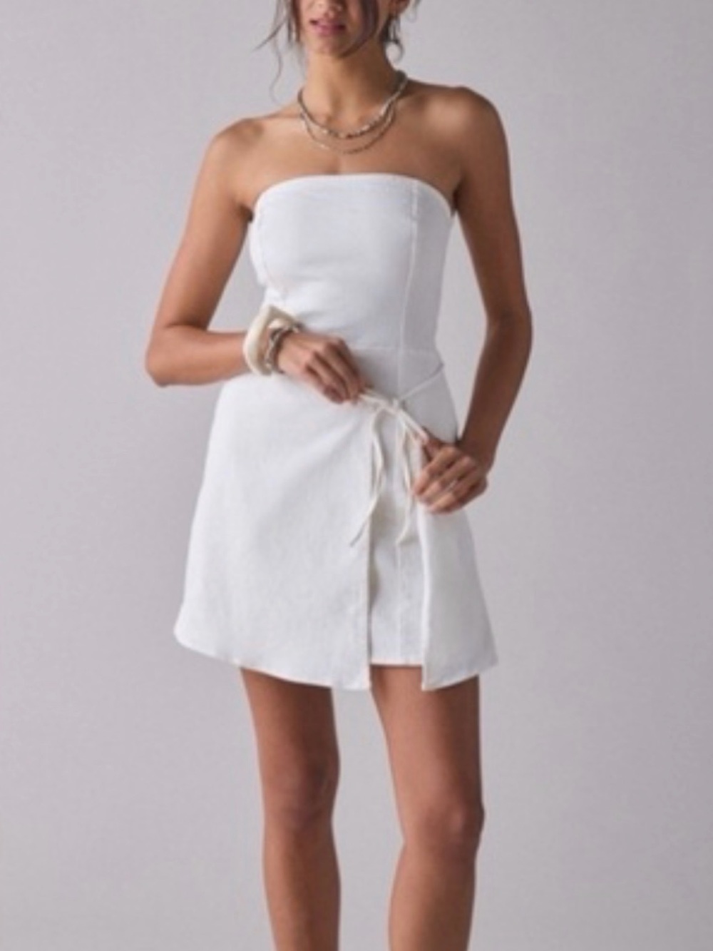 BDG White Strapless Tie-Waist Mini Dress